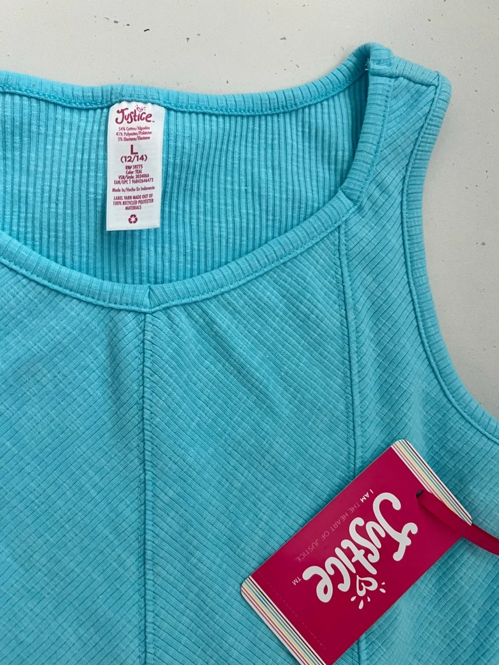 NWT Justice Girls Tank Top Size 12-14 Turquoise Blue Ribbed Sleeveless Top
